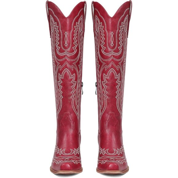 Women's Red Knee High Western Chunky Heel Slip On Zipper Square Toe Boots - Picture 6 of 6